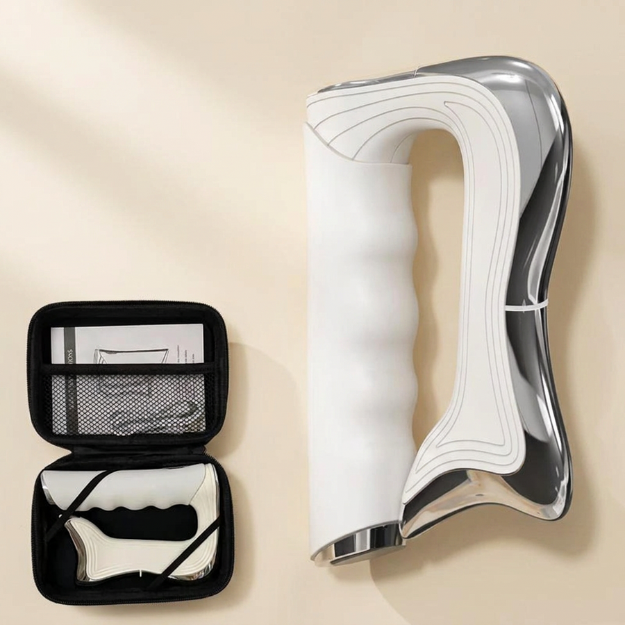 LipoContour Blade white electric fascia massager with storage case on cream background