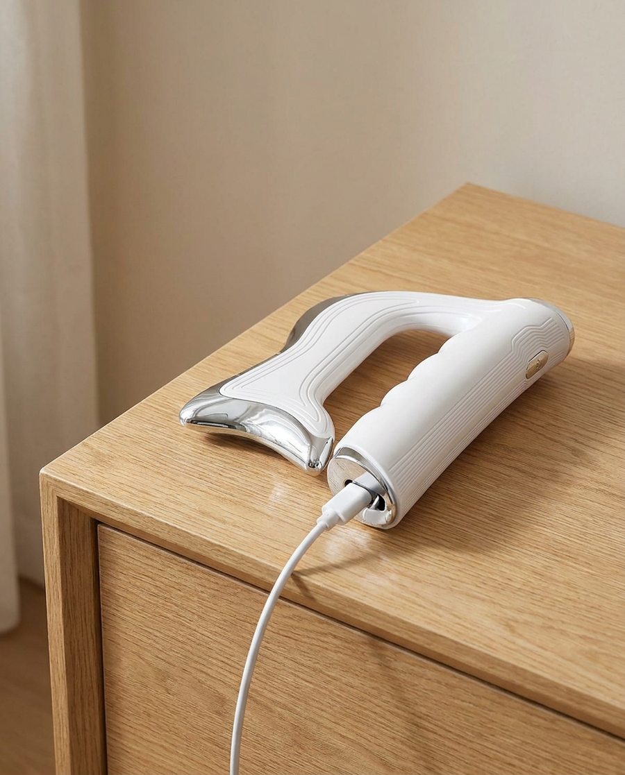 LipoContour Blade charging via USB Type-C on a wooden table