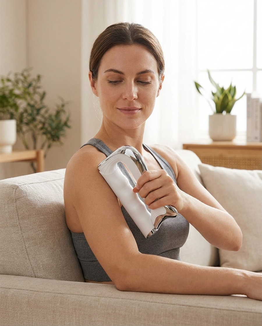 Woman using the LipoContour Blade on her shoulder at home