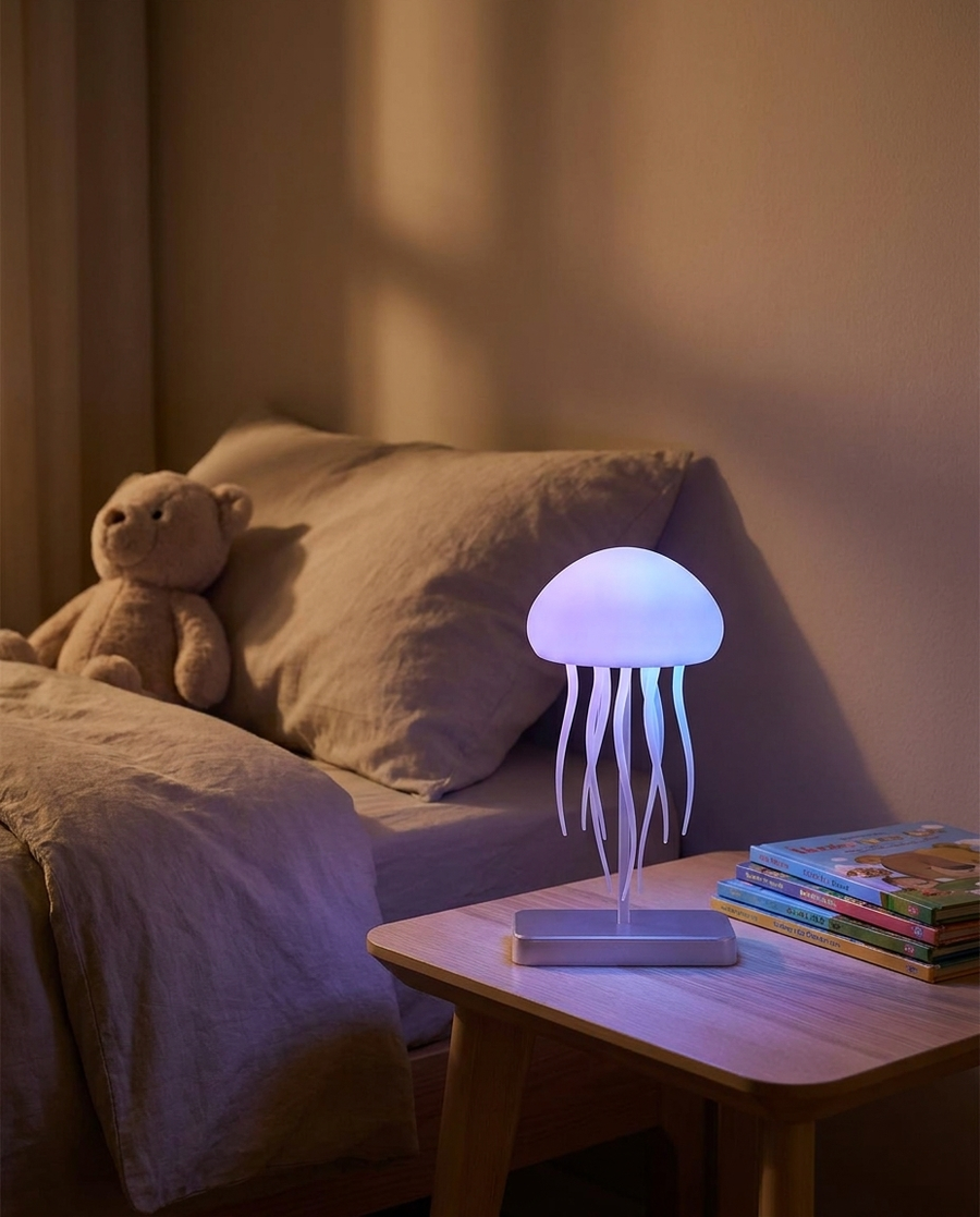 Lumora jellyfish lamp glowing on a bedside table in a dim child's bedroom