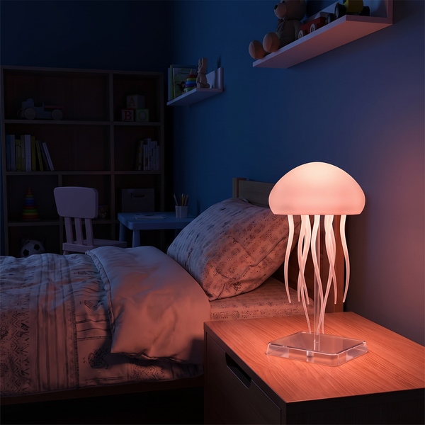 Lumora lamp lighting a dark bedroom in warm pink